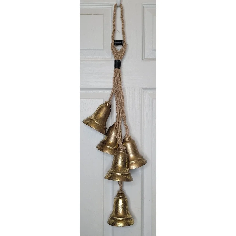 Rustic 5 Hanging Bells Gold Metal Bells w/ Jute Rope‎ Distressed Holidays Decor